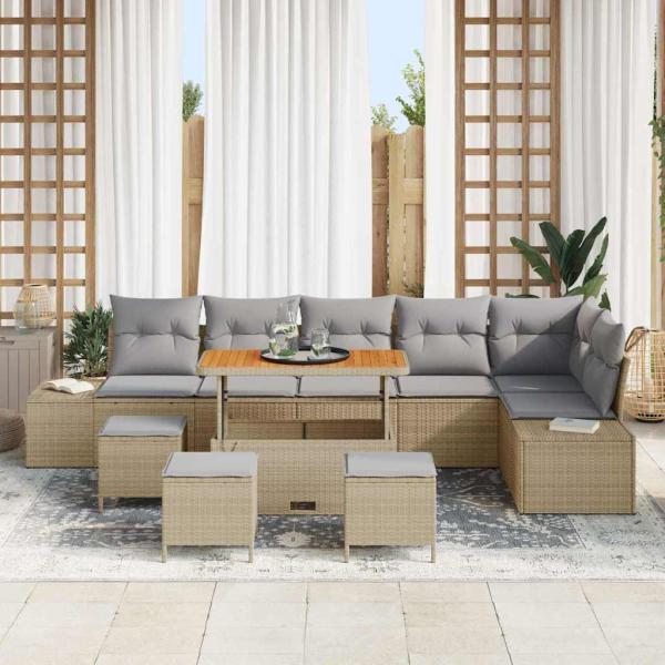 10-Teiliges Garten Sofa Set mit Kissen Beige Poly Rattan Akazie, 2-Sitzer Garten Sofa mit Kissen Beige Poly Rattan, 4-Teiliges Garten Essset mit Kissen Beige Poly Rattan Akazie