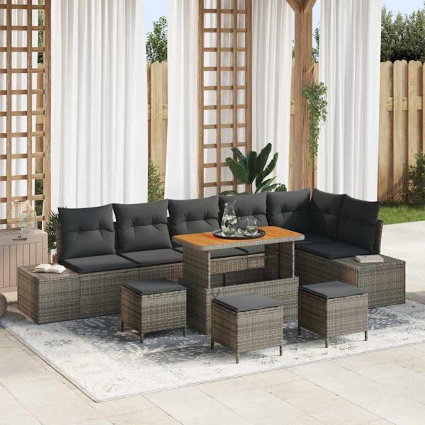 ARDEBO.de - 10-teiliges Garten-Sofa-Set mit Kissen Grau Poly Rattan Akazie, 2-Sitzer Garten-Sofa mit Kissen Grau Poly Rattan, 4-teiliges Garten-Dining-Set mit Kissen Grau Poly Rattan Akazie