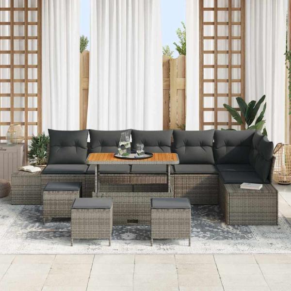 10-teiliges Garten-Sofa-Set mit Kissen Grau Poly Rattan Akazie, 2-Sitzer Garten-Sofa mit Kissen Grau Poly Rattan, 4-teiliges Garten-Dining-Set mit Kissen Grau Poly Rattan Akazie