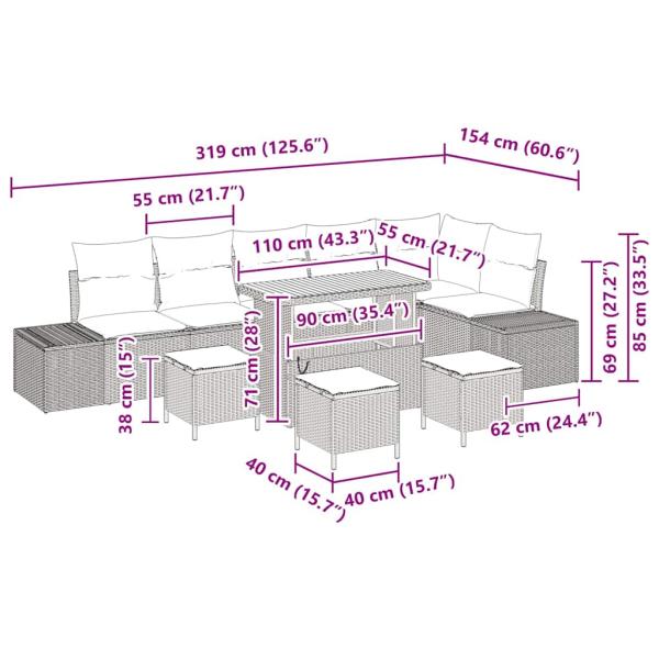 10-teiliges Garten-Sofa-Set mit Kissen Grau Poly Rattan Akazie, 2-Sitzer Garten-Sofa mit Kissen Grau Poly Rattan, 4-teiliges Garten-Dining-Set mit Kissen Grau Poly Rattan Akazie