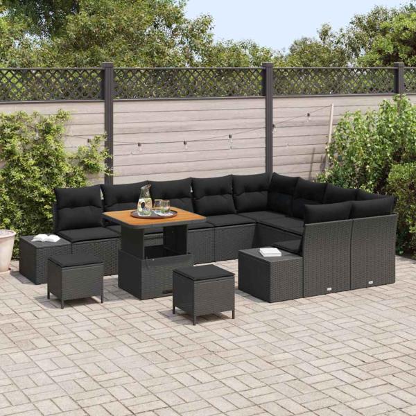 12-teiliges Garten Sofa Set mit Kissen Schwarz Poly Rattan Akazie, 3-teiliges Garten Esstisch Set mit Kissen Schwarz Poly Rattan Akazie, 2-Sitzer Garten Sofa mit Kissen Schwarz Poly Rattan