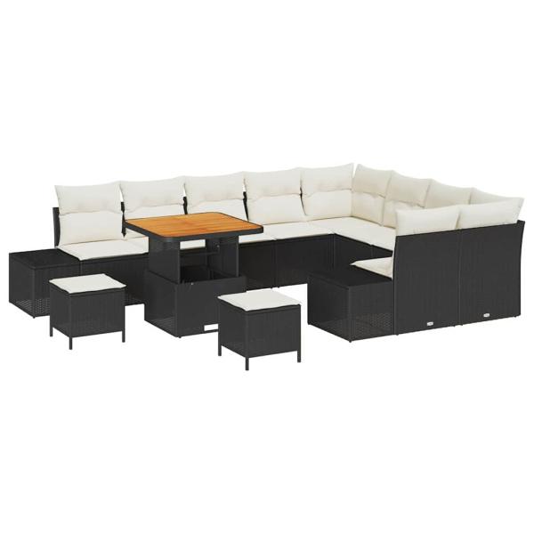 12-teiliges Garten Sofa Set mit Kissen Schwarz Poly Rattan Akazie, 3-teiliges Garten Essset mit Kissen Schwarz Poly Rattan Akazie, 2-Sitzer Garten Sofa mit Kissen Schwarz Poly Rattan