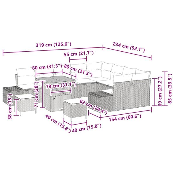 12-teiliges Garten Sofa Set mit Kissen Beige Poly Rattan Akazie, 3-teiliges Garten Esstisch Set mit Kissen Beige Poly Rattan Akazie, 2-Sitzer Garten Sofa mit Kissen Beige Poly Rattan