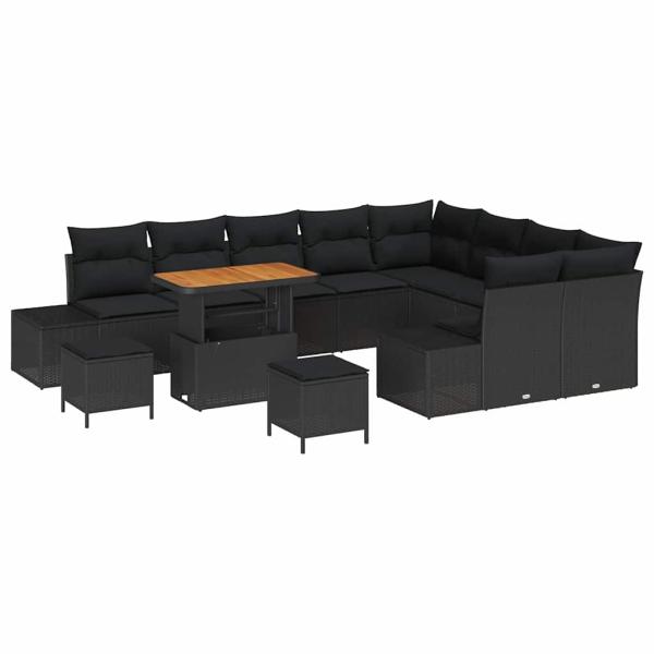 12-teiliges Garten Sofa Set mit Kissen Schwarz Poly Rattan Akazie, 3-teiliges Garten Ess Set mit Kissen Schwarz Poly Rattan Akazie, 2-Sitzer Garten Sofa mit Kissen Schwarz Poly Rattan