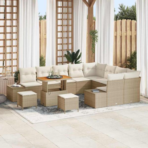 ARDEBO.de - 12-teiliges Garten-Sofa-Set mit Kissen Beige Poly-Rattan Akazie, 3-teiliges Garten-Ess-Set mit Kissen Beige Poly-Rattan Akazie, 2-Sitzer Garten-Sofa mit Kissen Beige Poly-Rattan