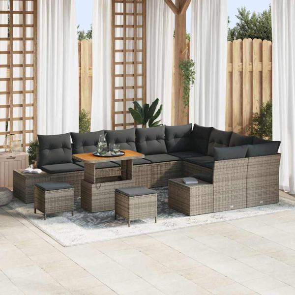 ARDEBO.de - 12-teiliges Garten-Sofa-Set mit Kissen Grau Poly-Rattan Akazie, 3-teiliges Garten-Dining-Set mit Kissen Grau Poly-Rattan Akazie, 2-Sitzer Garten-Sofa mit Kissen Grau Poly-Rattan
