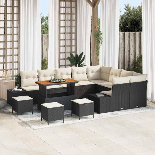 ARDEBO.de - 13-teiliges Garten Sofa Set mit Kissen Schwarz Poly Rattan Akazienholz, 4-teiliges Garten Esstisch Set mit Kissen Schwarz Poly Rattan Akazienholz, 2-Sitzer Garten Sofa mit Kissen Schwarz Poly Rattan