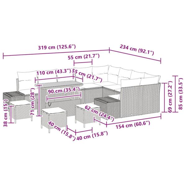 13-teiliges Garten Sofa Set mit Kissen Schwarz Poly Rattan Akazienholz, 4-teiliges Garten Esstisch Set mit Kissen Schwarz Poly Rattan Akazienholz, 2-Sitzer Garten Sofa mit Kissen Schwarz Poly Rattan