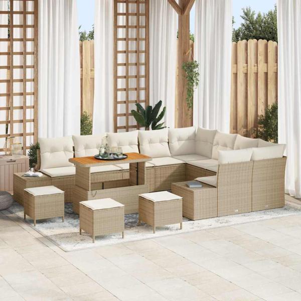 ARDEBO.de - 13-teiliges Garten-Sofa-Set mit Kissen Beige Poly-Rattan Akazie, 4-teiliges Garten-Ess-Set mit Kissen Beige Poly-Rattan Akazie, 2-Sitzer Garten-Sofa mit Kissen Beige Poly-Rattan