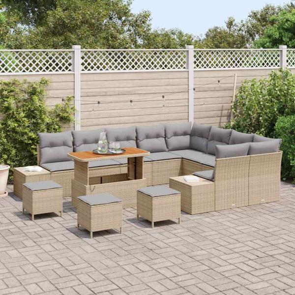 13-teiliges Garten-Sofa-Set mit Kissen Beige Poly Rattan Akazie, 4-teiliges Garten-Esszimmer-Set mit Kissen Beige Poly Rattan Akazie, 2-Sitzer Garten Sofa mit Kissen Beige Poly Rattan