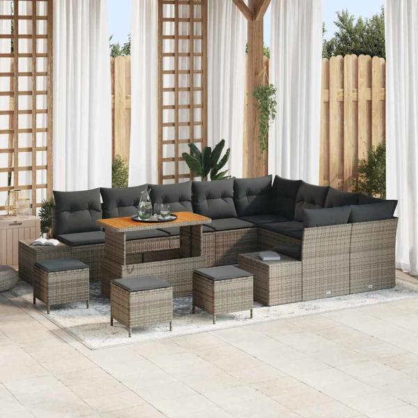 ARDEBO.de - 13-teiliges Garten Sofa Set mit Kissen Grau Poly-Rattan Akazie, 4-teiliges Garten Essset mit Kissen Grau Poly-Rattan Akazie, 2-Sitzer Garten Sofa mit Kissen Grau Poly-Rattan