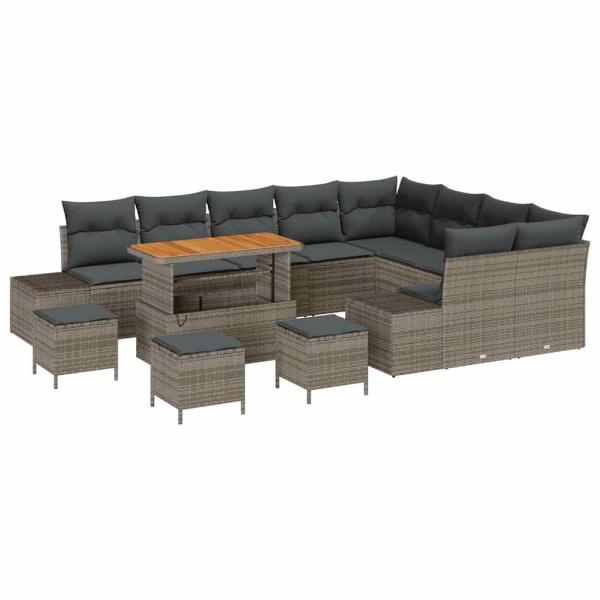 13-teiliges Garten Sofa Set mit Kissen Grau Poly-Rattan Akazie, 4-teiliges Garten Essset mit Kissen Grau Poly-Rattan Akazie, 2-Sitzer Garten Sofa mit Kissen Grau Poly-Rattan