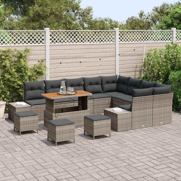 13-teiliges Garten Sofa Set mit Kissen Grau Poly-Rattan Akazie, 4-teiliges Garten Essset mit Kissen Grau Poly-Rattan Akazie, 2-Sitzer Garten Sofa mit Kissen Grau Poly-Rattan