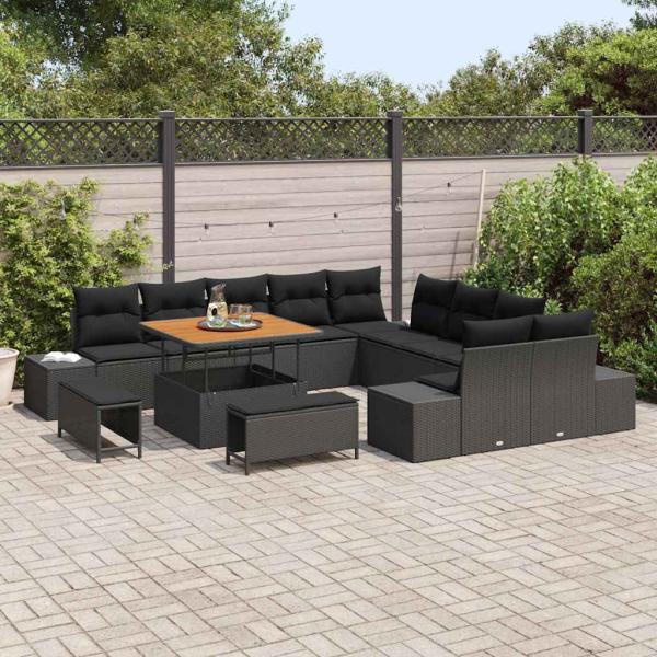 13-teiliges Garten Sofa Set mit Kissen Schwarz Poly-Rattan Akazie, 2-Sitzer Garten Sofa mit Kissen Schwarz Poly-Rattan, 3-teiliges Garten Essset mit Kissen Schwarz Poly-Rattan Akazie
