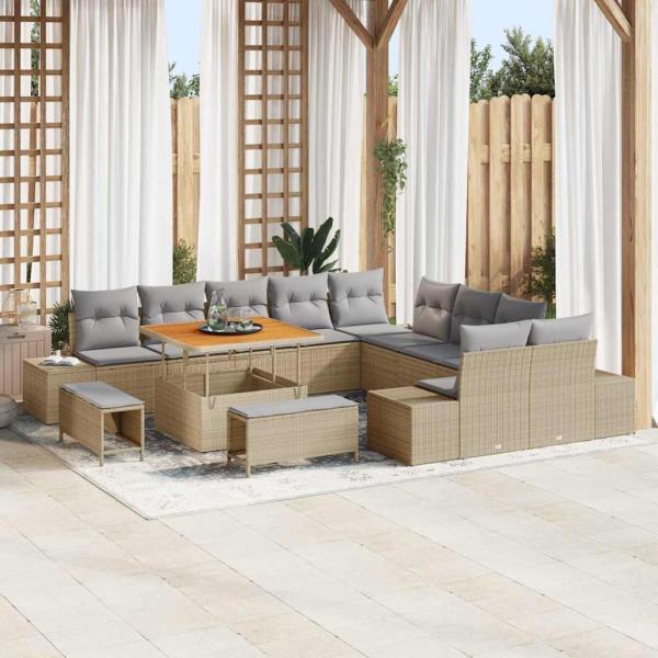 ARDEBO.de - 13-teilige Garten Sofa Set mit Kissen Beige Poly Rattan Akazie, 2-Sitzer Garten Sofa mit Kissen Beige Poly Rattan, 3-teilige Garten Esstisch Set mit Kissen Beige Poly Rattan Akazie