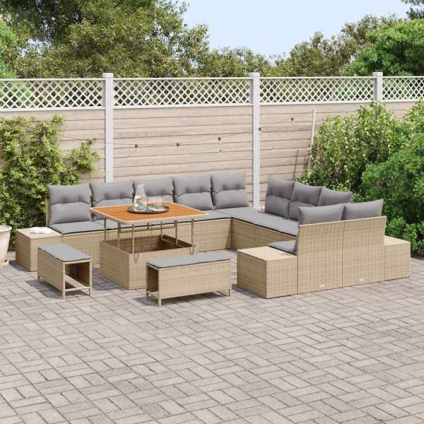 13-teilige Garten Sofa Set mit Kissen Beige Poly Rattan Akazie, 2-Sitzer Garten Sofa mit Kissen Beige Poly Rattan, 3-teilige Garten Esstisch Set mit Kissen Beige Poly Rattan Akazie