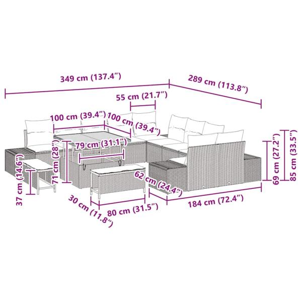 13-teilige Garten Sofa Set mit Kissen Beige Poly Rattan Akazie, 2-Sitzer Garten Sofa mit Kissen Beige Poly Rattan, 3-teilige Garten Esstisch Set mit Kissen Beige Poly Rattan Akazie