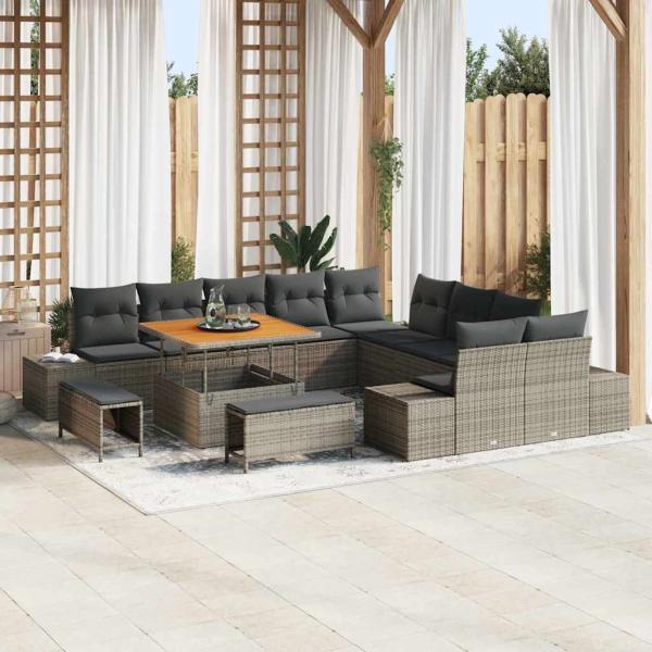 ARDEBO.de - 13-teilige Garten Sofa Set mit Kissen Grau Poly Rattan Akazie, 2-Sitzer Garten Sofa mit Kissen Grau Poly Rattan, 3-teiliges Garten Esstisch Set mit Kissen Grau Poly Rattan Akazie