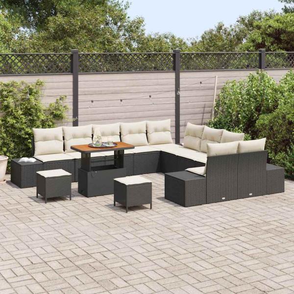 13-teiliges Garten Sofa Set mit Kissen Schwarz Poly Rattan Akazie, 2-Sitzer Garten Sofa mit Kissen Schwarz Poly Rattan, 3-teiliges Garten Essset mit Kissen Schwarz Poly Rattan Akazie