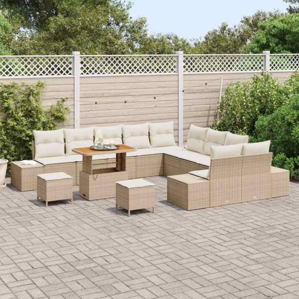 13-teiliges Garten Sofa Set mit Kissen Beige Poly Rattan Akazie, 2-Sitzer Garten Sofa mit Kissen Beige Poly Rattan, 3-teiliges Garten Essenset mit Kissen Beige Poly Rattan Akazie