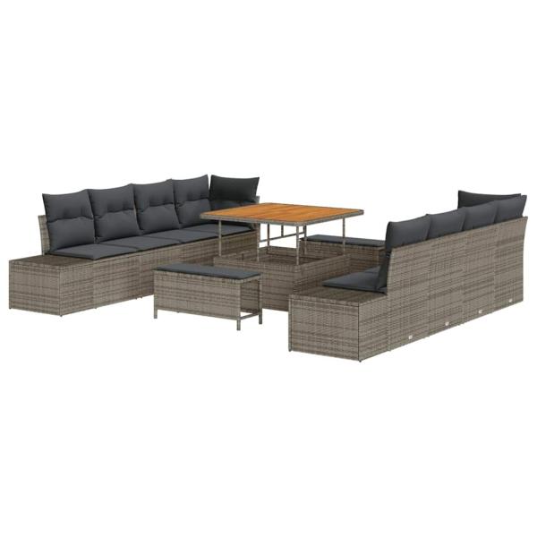 ARDEBO.de - 11-Teiliges Garten Sofa Set mit Kissen Grau Poly Rattan Akazie, 2-Sitzer Garten Sofa mit Stauraum & Kissen Grau Poly Rattan, 3-Teiliges Garten Essset mit Kissen Grau Poly Rattan Akazie