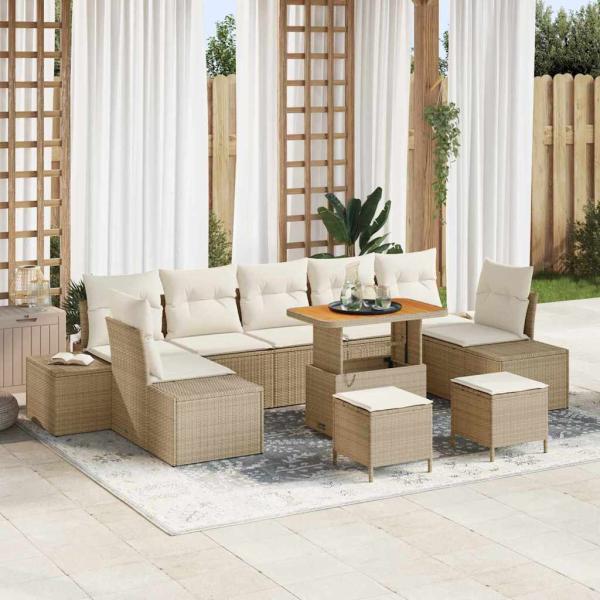 ARDEBO.de - 10-teiliges Garten-Sofa-Set mit Kissen Beige Poly Rattan Akazie, 2-Sitzer Garten-Sofa mit Stauraum & Kissen Beige Poly Rattan, 3-teiliges Garten-Dining-Set mit Kissen Beige Poly Rattan Akazie