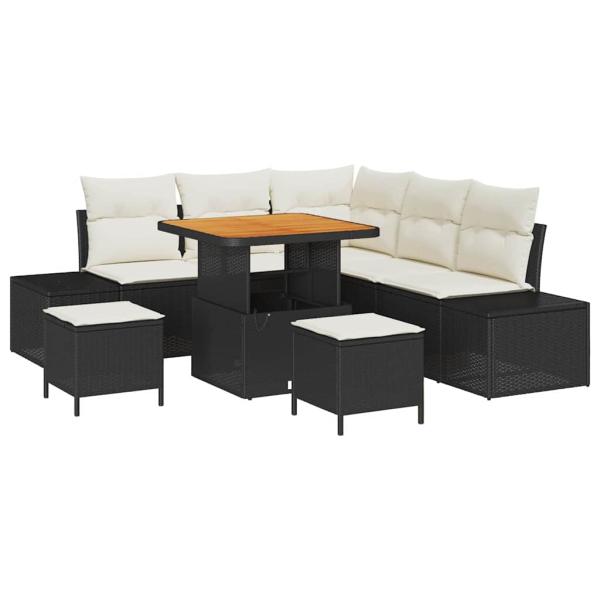 8-teiliges Garten-Sofa-Set mit Kissen Schwarz Poly Rattan Akazie, 2-Sitzer Garten-Sofa mit Stauraum & Kissen Schwarz Poly Rattan, 3-teiliges Garten-Ess-Set mit Kissen Schwarz Poly Rattan Akazie