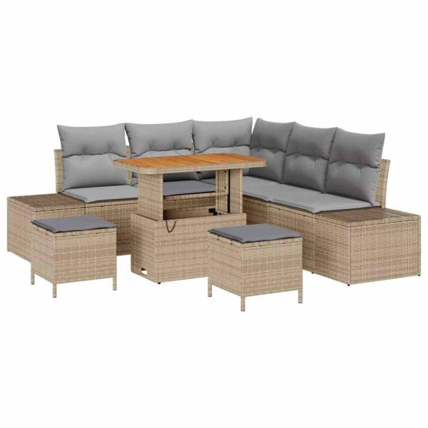 ARDEBO.de - 8-teiliges Garten Sofa Set mit Kissen Beige Poly Rattan Akazie, 2-Sitzer Garten Sofa mit Stauraum & Kissen Beige Poly Rattan, 3-teiliges Garten Essset mit Kissen Beige Poly Rattan Akazie