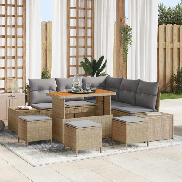 ARDEBO.de - 9-teiliges Garten Sofa Set mit Kissen Beige Poly Rattan Akazie, 2-Sitzer Garten Sofa mit Stauraum & Kissen Beige Poly Rattan, 4-teiliges Garten Essset mit Kissen Beige Poly Rattan Akazie