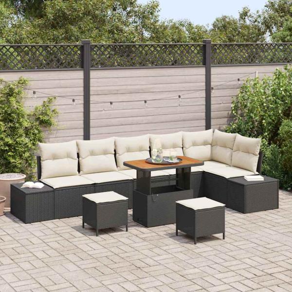 ARDEBO.de - 9-teiliges Garten Sofa Set mit Kissen Schwarz Poly Rattan Akazie, 2-Sitzer Garten Sofa mit Stauraum & Kissen Schwarz Poly Rattan, 3-teiliges Garten Esstisch Set mit Kissen Schwarz Poly Rattan Akazie