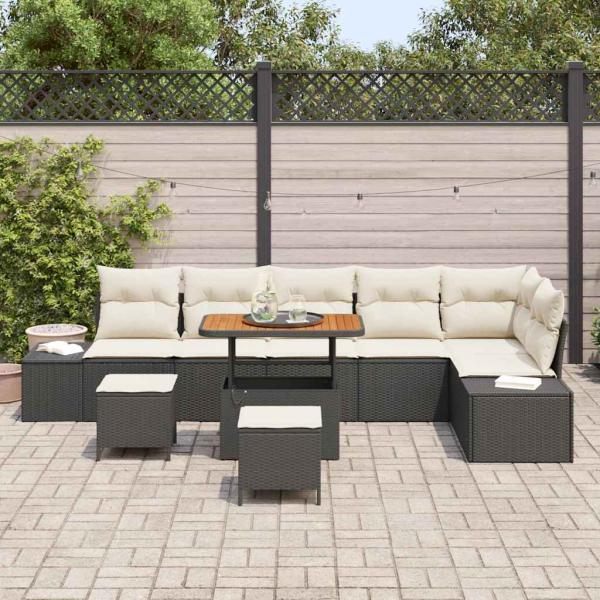 9-teiliges Garten Sofa Set mit Kissen Schwarz Poly Rattan Akazie, 2-Sitzer Garten Sofa mit Stauraum & Kissen Schwarz Poly Rattan, 3-teiliges Garten Esstisch Set mit Kissen Schwarz Poly Rattan Akazie