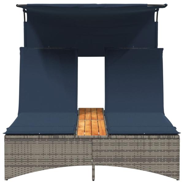 Doppel-Sonnenliege mit Dach und Kissen Grau Poly Rattan