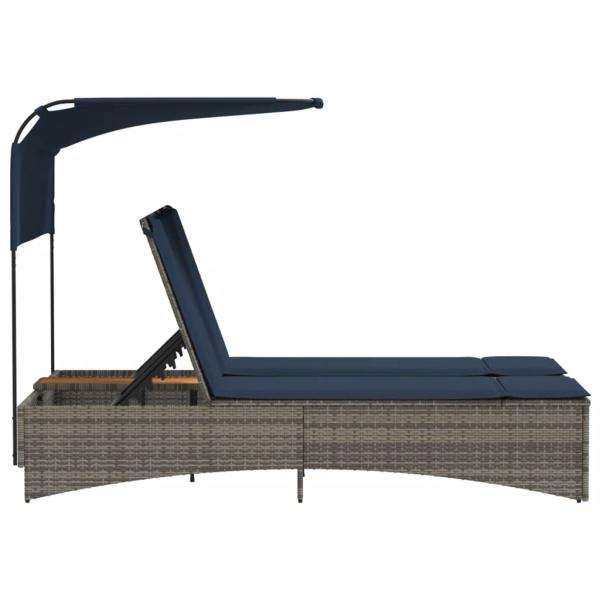 Doppel-Sonnenliege mit Dach und Kissen Grau Poly Rattan
