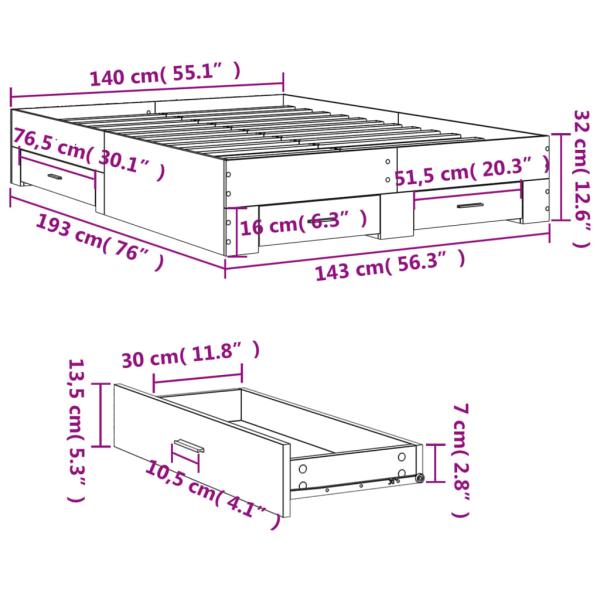 Bettgestell mit Schubladen Betongrau 140x190 cm Holzwerkstoff