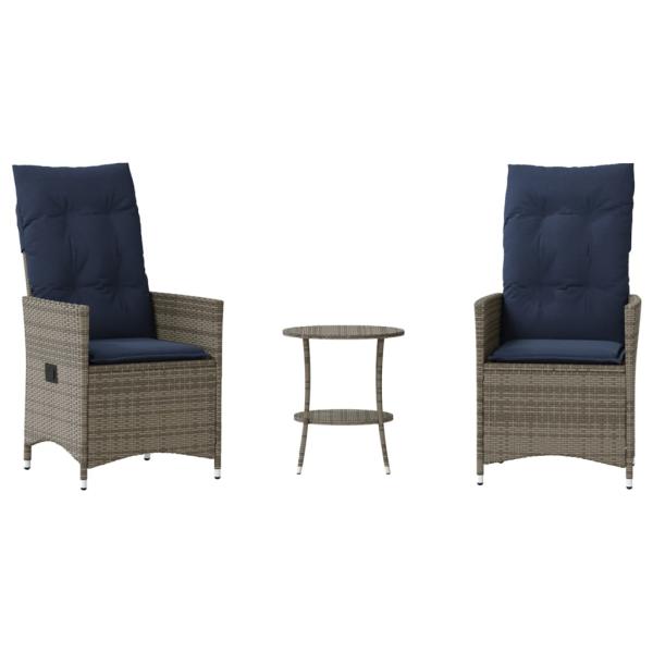 3-teiliges Bistro-Set mit Kissen Grau Poly Rattan