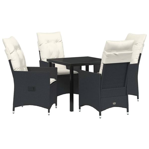 5-teiliges Garten-Dining-Set mit Kissen - Schwarzes Poly-Rattan