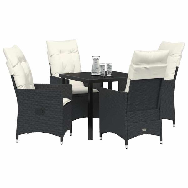 5-teiliges Garten-Dining-Set mit Kissen - Schwarzes Poly-Rattan