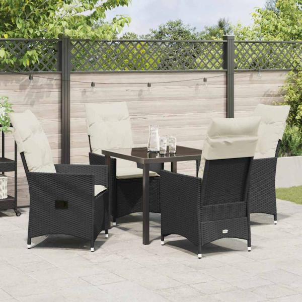 5-teiliges Garten-Dining-Set mit Kissen - Schwarzes Poly-Rattan