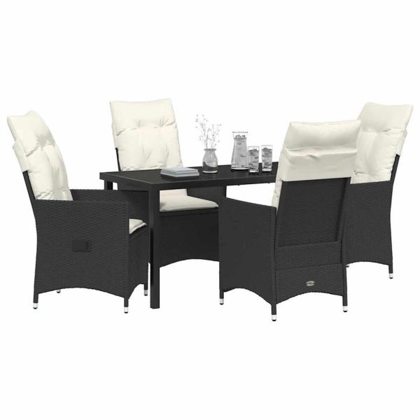 5-teiliges Gartentisch-Set mit Kissen Schwarz Poly-Rattan
