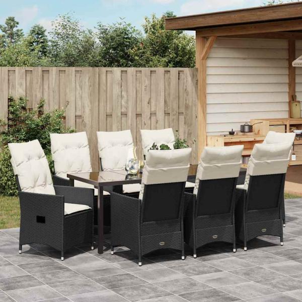 ARDEBO.de - 9-teiliges Garten-Essgruppe mit Kissen, schwarzes Poly-Rattan