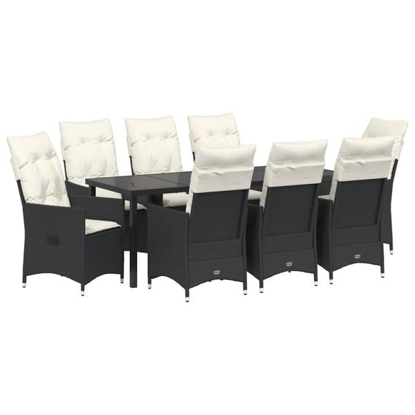 9-teiliges Garten-Essgruppe mit Kissen, schwarzes Poly-Rattan