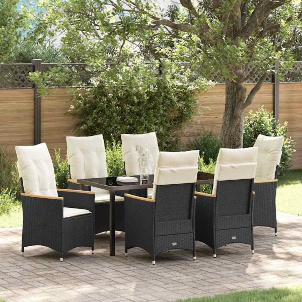 ARDEBO.de - 7-teiliges Garten-Esstisch-Set mit Kissen in schwarzem Poly-Rattan