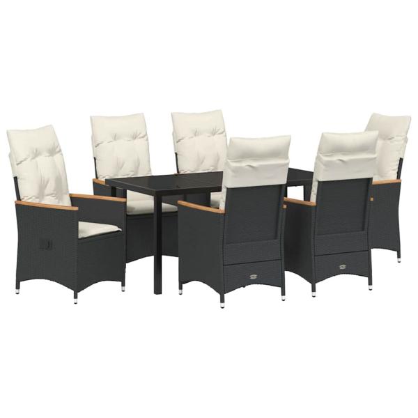 7-teiliges Garten-Esstisch-Set mit Kissen in schwarzem Poly-Rattan