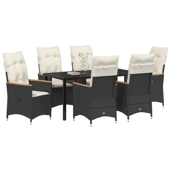 7-teiliges Garten-Esstisch-Set mit Kissen in schwarzem Poly-Rattan