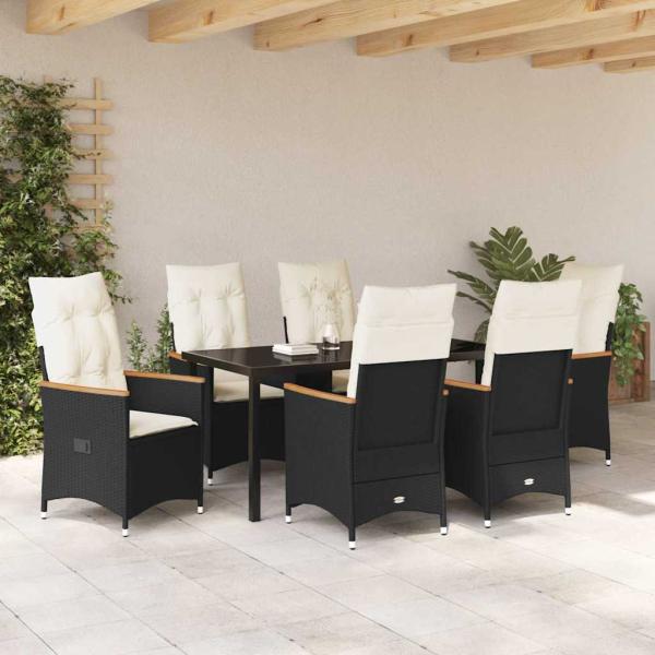 7-teiliges Garten-Esstisch-Set mit Kissen in schwarzem Poly-Rattan