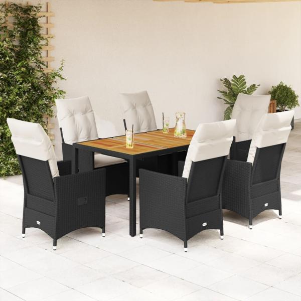 ARDEBO.de - 7-tlg. Garten-Essgruppe mit Kissen Schwarz Poly Rattan