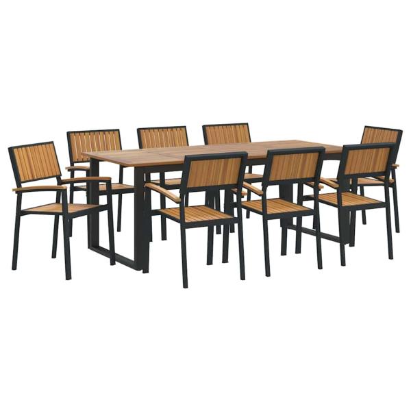 9-teiliges Garten Esstisch Set Schwarz Stahl und massives Akazienholz