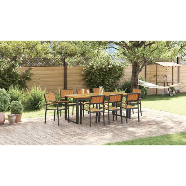 9-teiliges Garten Esstisch Set Schwarz Stahl und massives Akazienholz