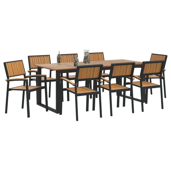 9-teiliges Garten Esstisch Set Schwarz Stahl und massives Akazienholz