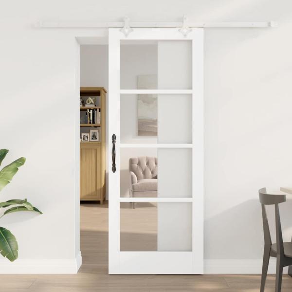 ARDEBO.de - Schiebetür mit Hardwareset Weiß 78x202 cm Aus massivem Kiefernholz, Innentür mit Glas "ORKDAL" Weiß 78x202x4 cm